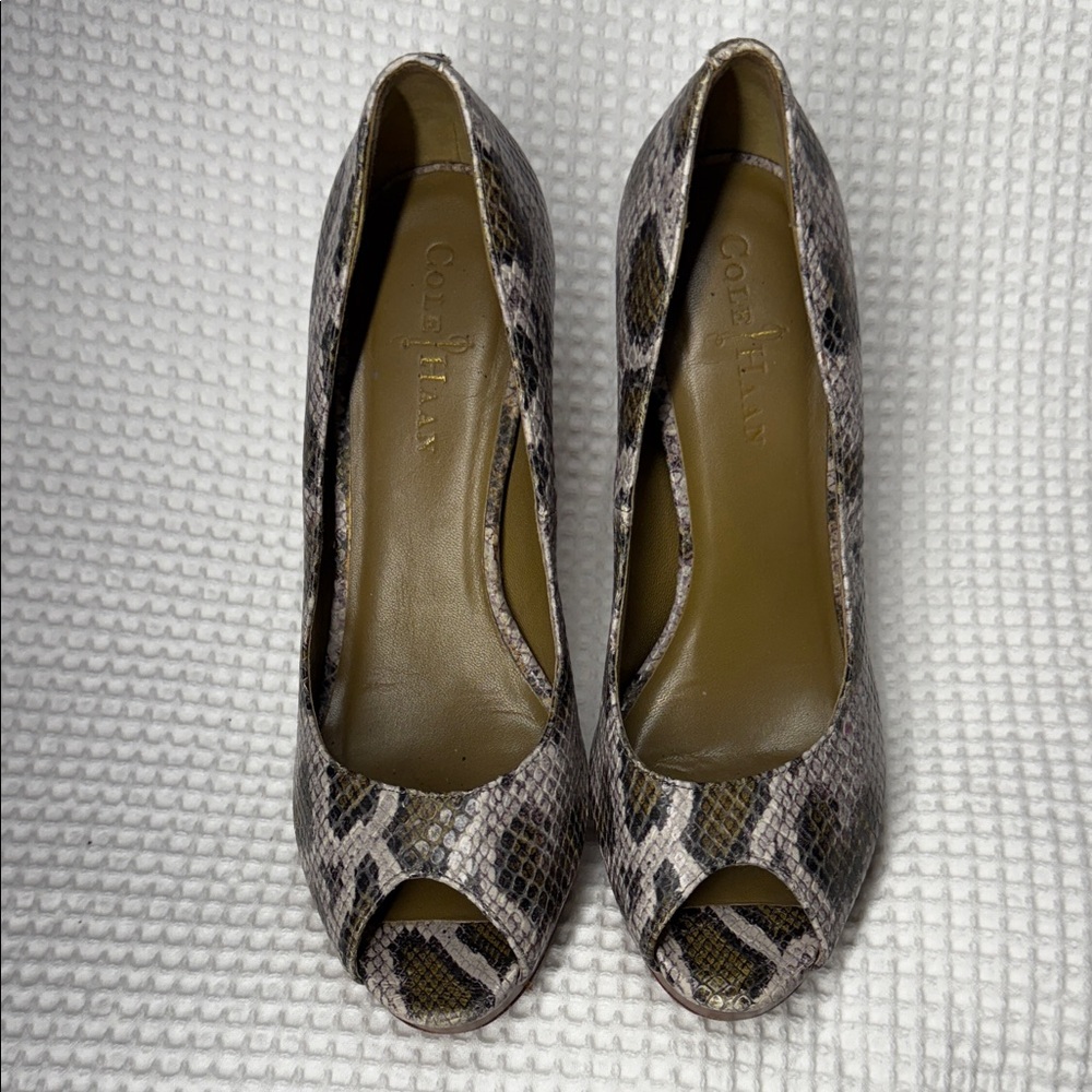 Cole Haan Snakeskin Peep Toe Heels - Brown and Cream - 6.5